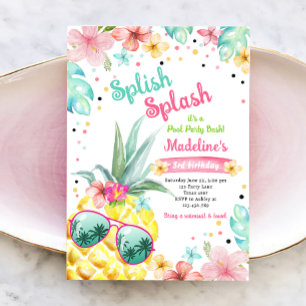 Hawaiian Luau Pineapple Pool Party Girl Birthday Kaart