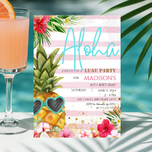 Hawaiian Luau Pineapple Tropical Girl Birthday Kaart