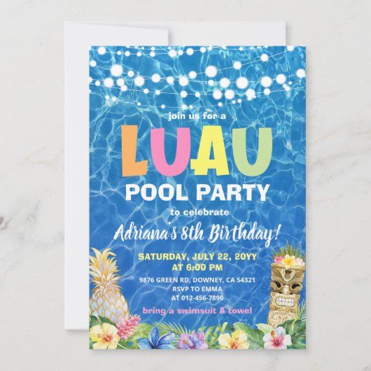 Hawaiian Luau Pool Party Uitnodiging Verjaardag (Voorkant)