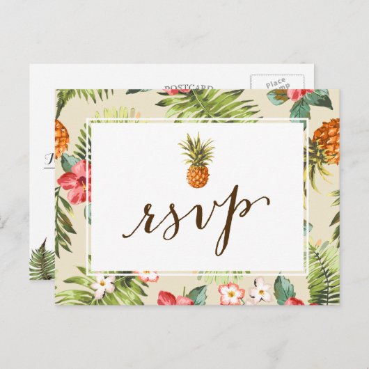 Hawaiian Luau Tropical Leaves Ananas RSVP Uitnodiging Briefkaart (Voorkant / Achterkant)