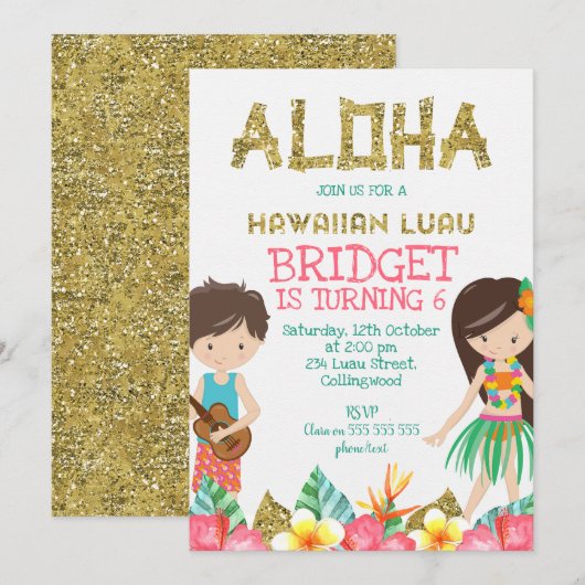 Hawaiian Luau uitnodiging voor verjaardagsfeestje (Voorkant / Achterkant)