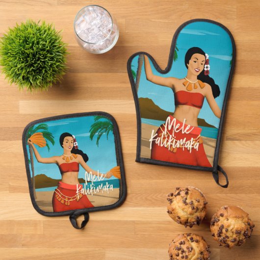 Hawaiian Mele Kalikimaka Briefkaart Ovenwant & Pannenlap Set (Top down)