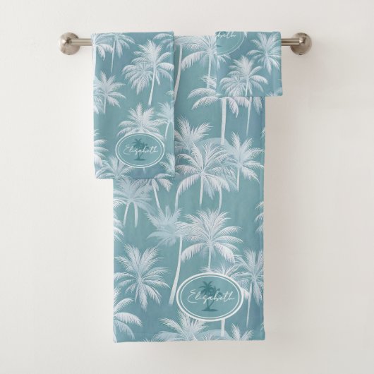 Hawaiian Palm Tree Silhouette Pattern Blauwgroen I Bad Handdoek (Insitu)