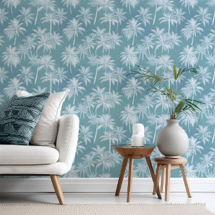 Hawaiian Palm Tree Silhouette Pattern Blauwgroen I Behang
