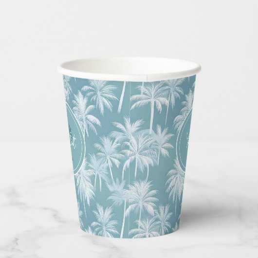 Hawaiian Palm Tree Silhouette Pattern Blauwgroen I Papieren Bekers (Rechts)