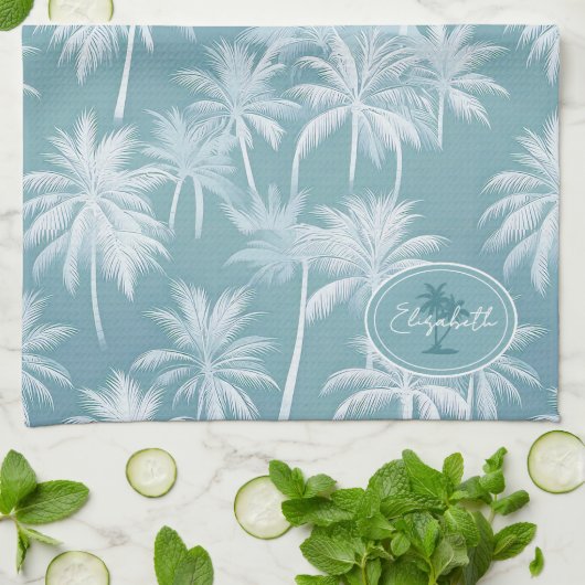 Hawaiian Palm Tree Silhouette Pattern Blauwgroen I Theedoek (Gevouwen)