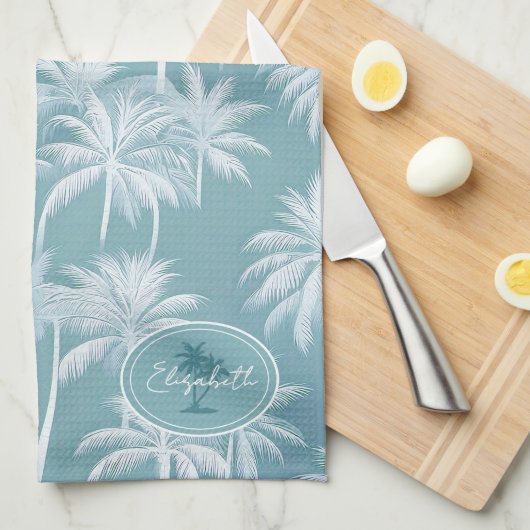 Hawaiian Palm Tree Silhouette Pattern Blauwgroen I Theedoek (Quarter Fold)