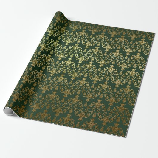 Hawaiian Pineapple Emerald Green Gold Cadeaupapier (Uitgerold)