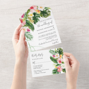 Hawaiian Pink Hibiscus Tropical Floral Wedding All In One Uitnodiging