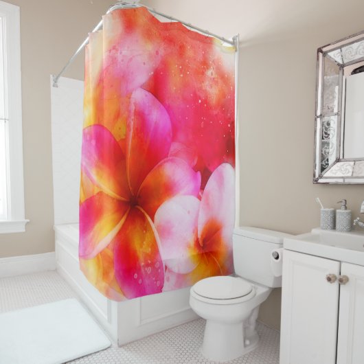 Hawaiian Plumeria in Neon Pink, Geel en Wit Douchegordijn (In situ)