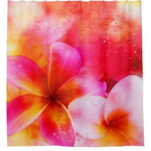 Hawaiian Plumeria in Neon Pink, Geel en Wit Douchegordijn (Voorkant)