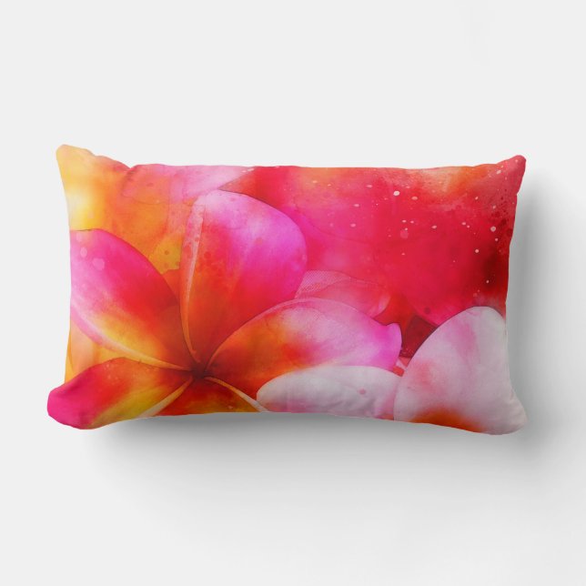 Hawaiian Plumeria in Neon Pink, Geel en Wit Kussen (Voorkant)