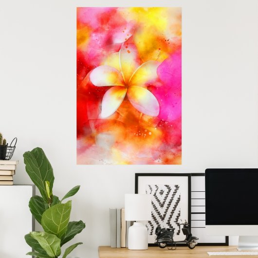 Hawaiian Plumeria in Neon Pink, Geel en Wit Poster (Thuiskantoor)