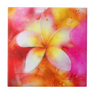 Hawaiian Plumeria in Neon Pink, Geel en Wit Tegeltje