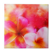 Hawaiian Plumeria in Neon Pink, Geel en Wit Tegeltje (Voorkant)