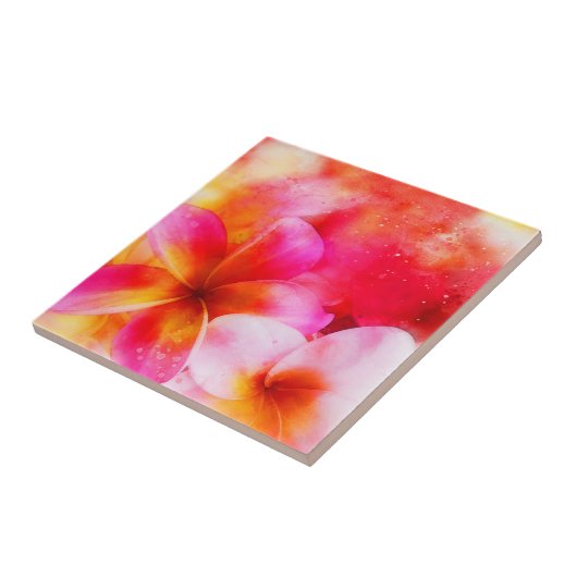 Hawaiian Plumeria in Neon Pink, Geel en Wit Tegeltje (Zijkant)