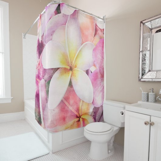 Hawaiian Plumeria Tropische Floral Waterverf Douchegordijn (In situ)