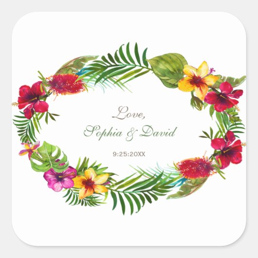 Hawaiian Radiant Tropical Floral Wreath Wedding Vierkante Sticker (Voorkant)