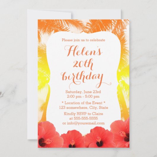 Hawaiian Red Hibiscus Golden Beach Birthday Party Kaart (Voorkant)