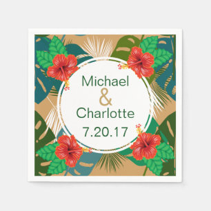 Hawaiian Red Hibiscus Luau Bride & Groom Names Servet