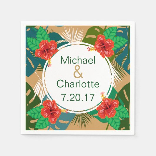 Hawaiian Red Hibiscus Luau Bride & Groom Names Servet (Voorkant)