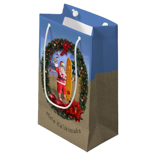 Hawaiian Santa w. Surfboard bij de Beach Gift Bag Klein Cadeauzakje (Voorkant Gekanteld)
