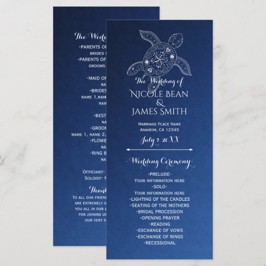 Hawaiian Sea Turtle Wit op Blauwe Strand Programma Programmakaart (Voorkant / Achterkant)