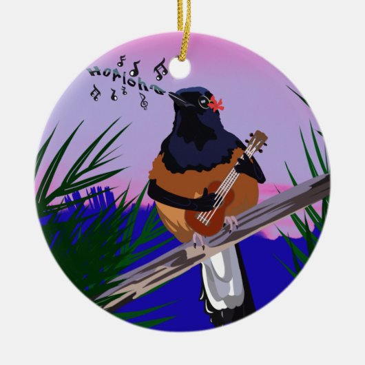Hawaiian Shama Bird speelt ukulele Keramisch Ornament (Voorkant)
