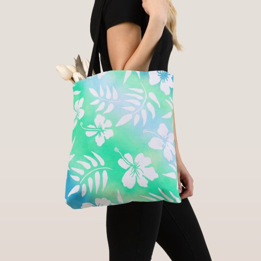 Hawaiian Style Hibiscus Green en Blue Floral Tote Bag (Dichtbij)