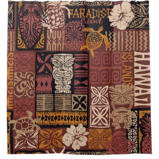 Hawaiian style tribal patroon fabric patchwork abs douchegordijn (Voorkant)