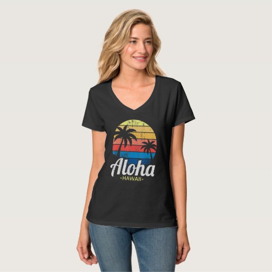 Hawaiian Summer Tropical Sunset Palm Trees Aloha H T-shirt (Voorkant volledig)