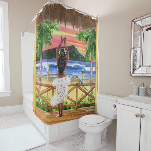 Hawaiian Sunset Hula Dancer Douchegordijn (In situ)