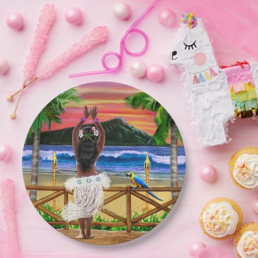Hawaiian Sunset Hula Dancer Papieren Bordje (Feest)