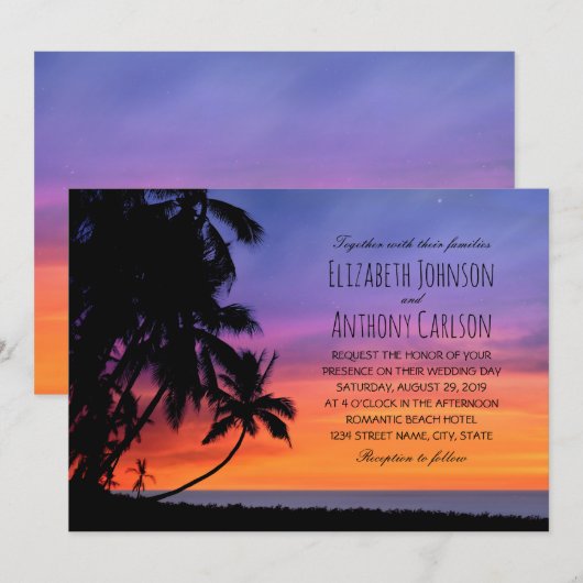 Hawaiian Sunset Palm Tree Beach thema bruiloft Kaart (Voorkant / Achterkant)