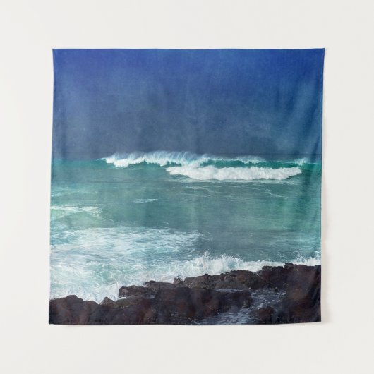 Hawaiian Surf Ocean Waves Aqua Blauwgroen Blue Lav Wandkleed (Voorkant)
