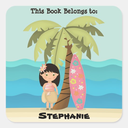 Hawaiian Surfer Girl Vierkante Sticker (Voorkant)