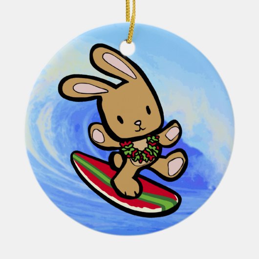 Hawaiian Surfing Bunny Holiday Cartoon Keramisch Ornament (Voorkant)