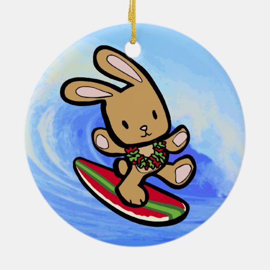 Hawaiian Surfing Bunny Holiday Cartoon Keramisch Ornament (Achterkant)