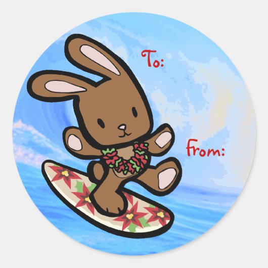 Hawaiian Surfing Bunny Holiday Cartoon Ronde Sticker (Voorkant)