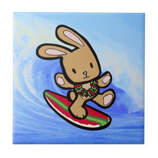 Hawaiian Surfing Bunny Holiday Cartoon Tegeltje (Voorkant)