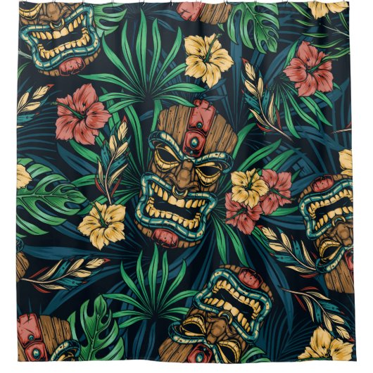Hawaiian Tiki Masker Tropisch Patroon Douchegordijn (Voorkant)