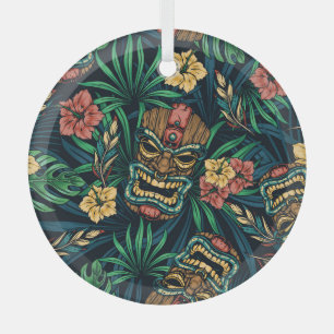 Hawaiian Tiki Masker Tropisch Patroon Glas Ornament