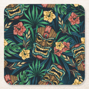 Hawaiian Tiki Masker Tropisch Patroon Kartonnen Onderzetters