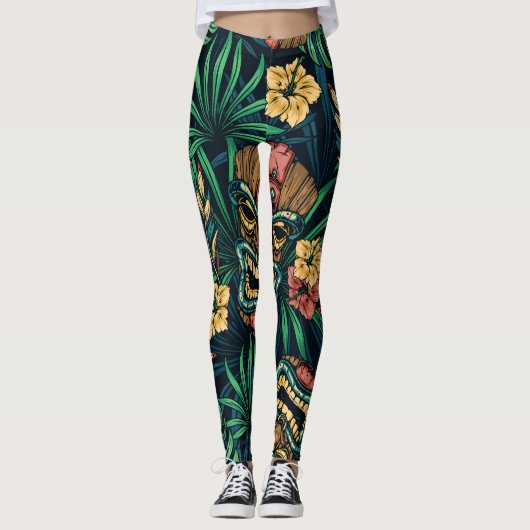 Hawaiian Tiki Masker Tropisch Patroon Leggings (Voorkant)