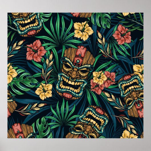 Hawaiian Tiki Masker Tropisch Patroon Poster (Voorkant)