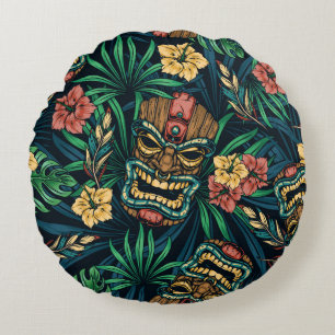 Hawaiian Tiki Masker Tropisch Patroon Rond Kussen