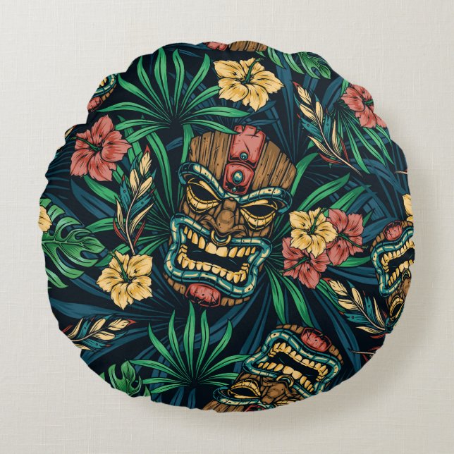 Hawaiian Tiki Masker Tropisch Patroon Rond Kussen (Voorkant)