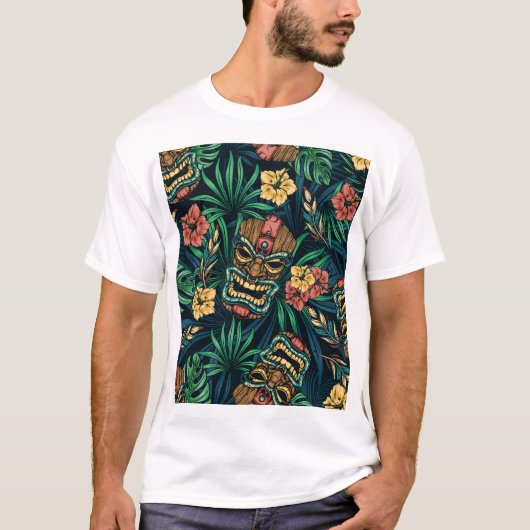 Hawaiian Tiki Masker Tropisch Patroon T-shirt (Voorkant)