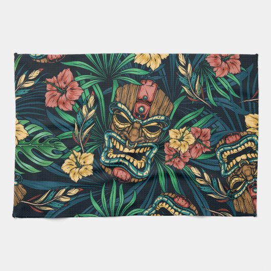 Hawaiian Tiki Masker Tropisch Patroon Theedoek (Horizontaal)