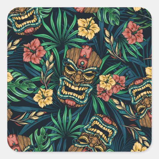 Hawaiian Tiki Masker Tropisch Patroon Vierkante Sticker (Voorkant)